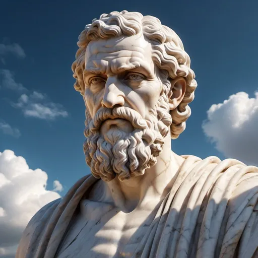 Prompt: Stoic marble statue of Epictetus, colossal, professional sculpting, dramatic lighting, hyper-realistic, imposing presence, ancient, majestic, Greek mythology, ultra-detailed, highres, nature, cinematic, mysterious, radiant light, detailed features, sky background, 8K, majestic, dramatic lighting, nature, mysterious, imposing presence, hyper-realistic
