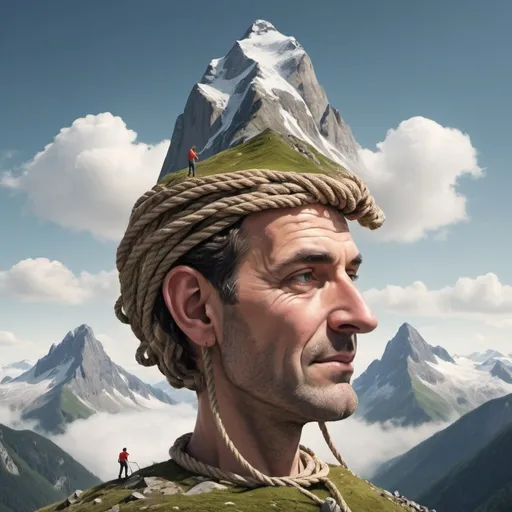 Prompt: Can you create an image of a mountain landscape? But one of the mountains is just a giant head of a friendly man. Can you add someone climbing to the top of his head with a rope. The man is nearly at the top but not quite.