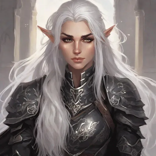 Prompt: dnd a handsome femamale half-elf warlock with long messy white hair wearing black armor