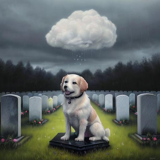 Prompt: A dog is waiting at the graveside for his dead owner to come back, a cloud above the dog with an image of  a crying man, tears falling on the ground in the form of a raindrop, oil on canvas, detailed painting, highly insanely detailed, detailed background, beautiful, colorful, emotional, Heywood Hardy, warm color, wet wash, airbrush art