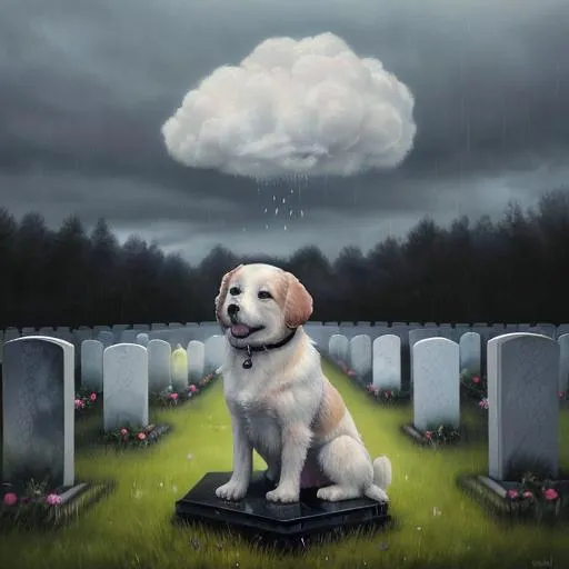 Prompt: A dog is waiting at the graveside for his dead owner to come back, a cloud above the dog with an image of  a crying man, tears falling on the ground in the form of a raindrop, oil on canvas, detailed painting, highly insanely detailed, detailed background, beautiful, colorful, emotional, Heywood Hardy, warm color, wet wash, airbrush art