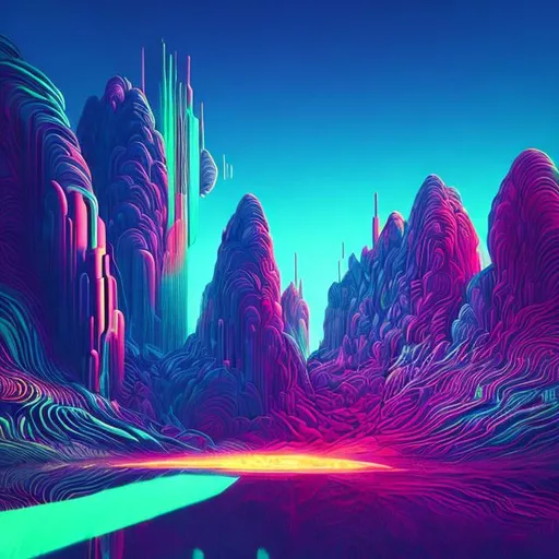 Prompt: Digital art featuring dreamy, surreal landscapes with neon colors, glitch effects, and retro computer graphics