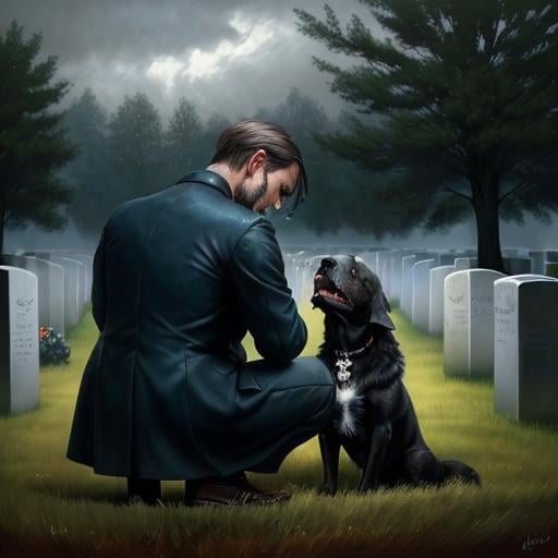 Prompt: A loyal dog waits at the graveside for its owner. Above, in a detailed cloud, a grieving man's image sheds tears turning into raindrops. The warm, emotional scene, styled in Heywood Hardy's signature, symbolizes the everlasting connection between the two, oil on canvas, Heywood Hardy style