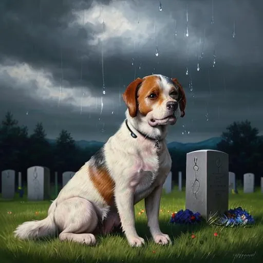 Prompt: A dog is waiting at the graveside for his dead owner to come back, a cloud above the dog with an image of  a crying man, tears falling on the ground in the form of a raindrop, oil on canvas, detailed painting, highly insanely detailed, detailed background, beautiful, colorful, emotional, Heywood Hardy, warm color, wet wash, airbrush art