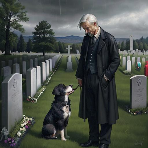 Prompt: A loyal dog waits at the graveside for its owner. Above, in a detailed cloud, a grieving man's image sheds tears turning into raindrops. The warm, emotional scene, styled in Heywood Hardy's signature, symbolizes the everlasting connection between the two, oil on canvas, Heywood Hardy style