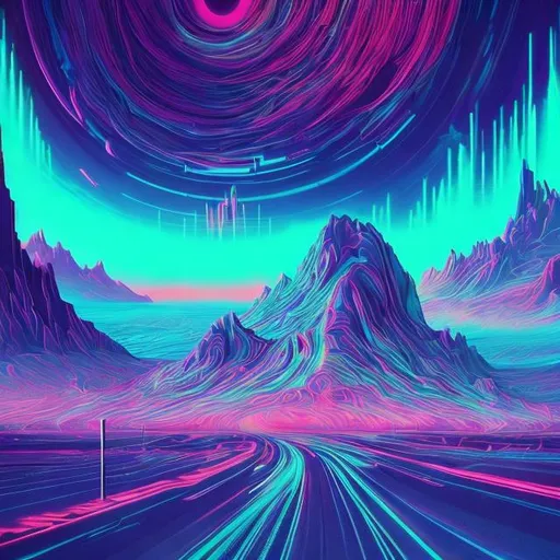 Prompt: Digital art featuring dreamy, surreal landscapes with neon colors, glitch effects, and retro computer graphics