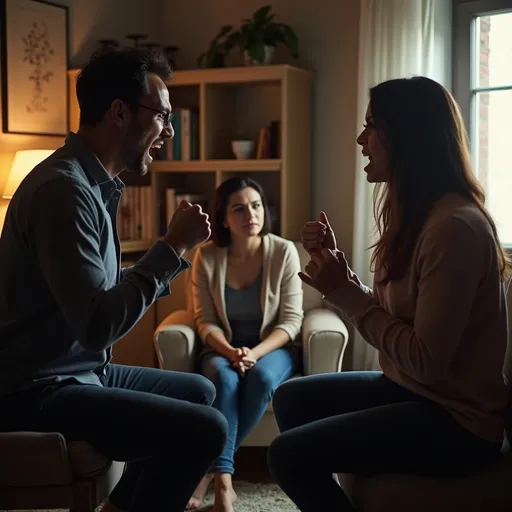 Prompt: A tense counseling session scene featuring a man and woman engaged in a heated argument, their faces flushed with emotion, shouting at each other with clenched fists and expressive gestures. They stand in front of a calm, attentive relationship therapist seated in a comfortable armchair, observing intently with a serious expression. The counseling room has warm, subdued lighting with soft shadows, cozy furniture, bookshelves filled with counseling materials, and a window with partly drawn curtains, casting a gentle glow. The atmosphere is charged, capturing the raw intensity of the conflict while emphasizing the therapist’s composed presence, in a realistic, cinematic style that underscores emotional depth.