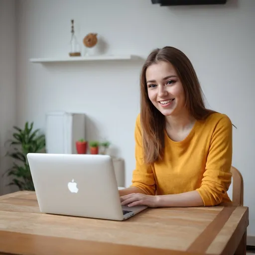 Prompt: Happy young woman sit on the table in your house and watch something in MacBook. The image would be in brown yellow and red colors