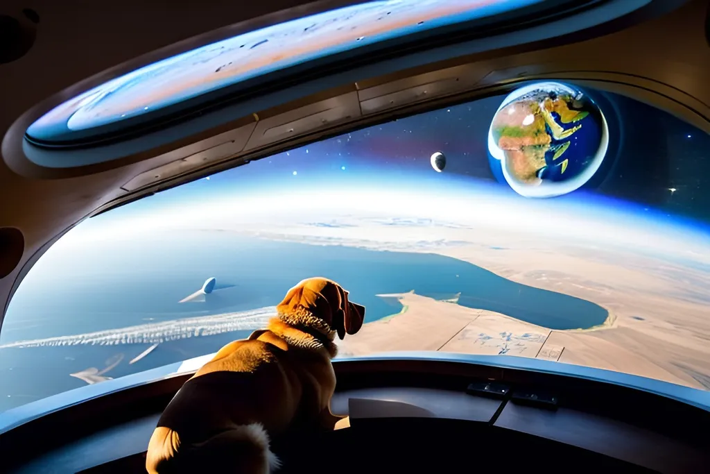 Prompt: a small brown dog lying on floor of living room inside a huge spaceship looking at the earth from window, view from far back of dog inside the spaceship, display earth from distant, earth is inhabitable. show stars and galaxies behind earth, sharp details, display all small details around