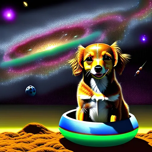 Prompt: create a photo of a small brown dog, sitting in a spaceship, view from far behind dog, dog and spaceship soft bright colour, display milky way galaxy bird eye view in very minute details, very bright and dark colour.   