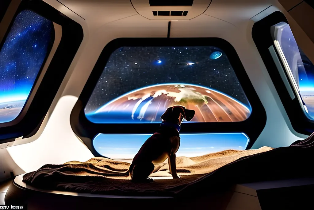 Prompt: a small brown dog lying on floor of living room inside a huge spaceship looking at the earth from window, view from far back of dog inside the spaceship, display earth from distant, earth is inhabitable. show stars and galaxies behind earth, sharp details, display all small details around
