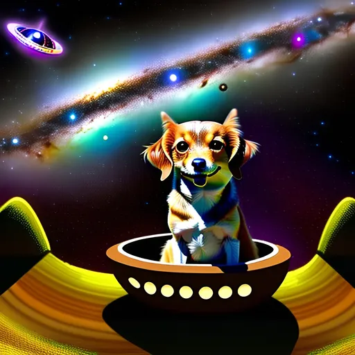 Prompt: create a photo of a small brown dog, sitting in a spaceship, view from far behind dog, dog and spaceship soft bright colour, display milky way galaxy bird eye view in very minute details, very bright and dark colour.   