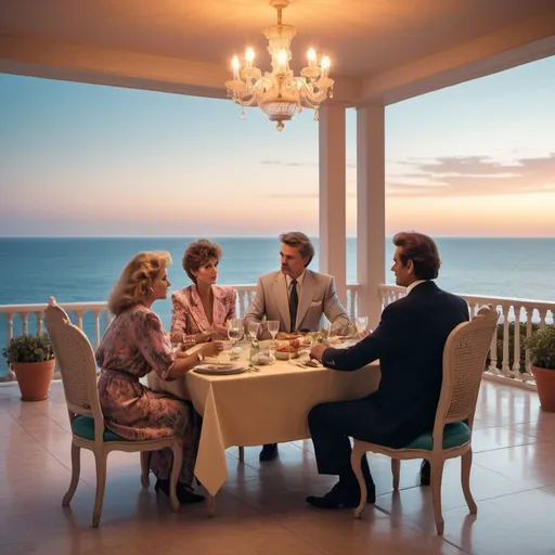 Prompt: a photograph of people at a dining table luxuriously dressed in the style of 80s interior design photography, they are on a veranda with the sea in the background, it is in the evening, include 2 men, and 2 women. Make image realistic looking