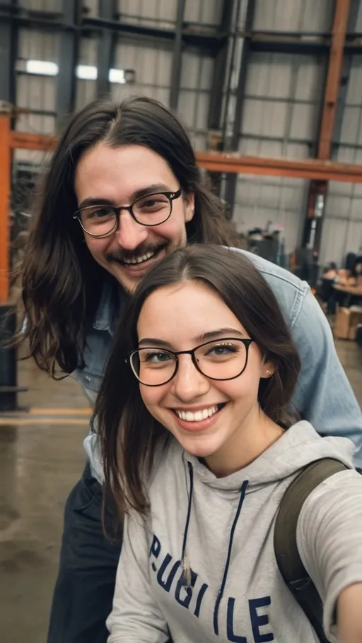 Prompt: A cheerful selfie captures two friends grinning broadly, with bright smiles reflecting their playful camaraderie. The young woman, positioned slightly behind, showcases her long, dark hair and nose ring, while the man in front, sporting a thick mustache and glasses, highlights his enthusiasm with an expressive grin. Set against an industrial backdrop, likely an indoor location with metal beams and natural light filtering through, the scene conveys a relaxed and joyful atmosphere. The overall composition, tilted at an angle, adds a casual and spontaneous vibe, enhancing the sense of shared happiness and friendship. The muted tones of their black clothing contrast with the lighter environment, focusing attention on their lively expressions and bond.