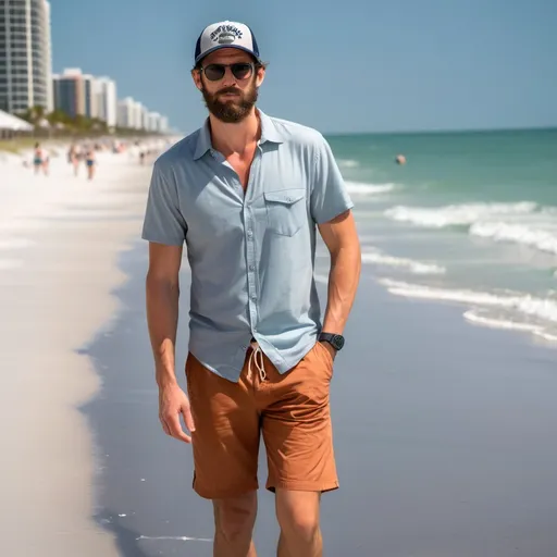 Prompt: full body shot of a 6' tall man.
average attractiveness. 
fit body.
wearing a shirt, sunglasses, and a ball cap. 
he should have brown hair and a scruffy beard.
he is at the beach in florida. 
he should be wearing swim trunks.