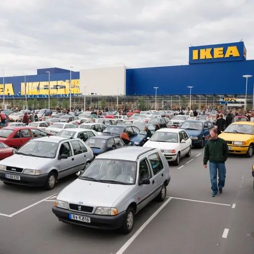 Prompt: a busy ikea from the 90's and its outside