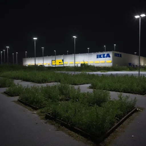 Prompt: abandoned ikea with no signs vegetation, realistic, nikon
at night
outside