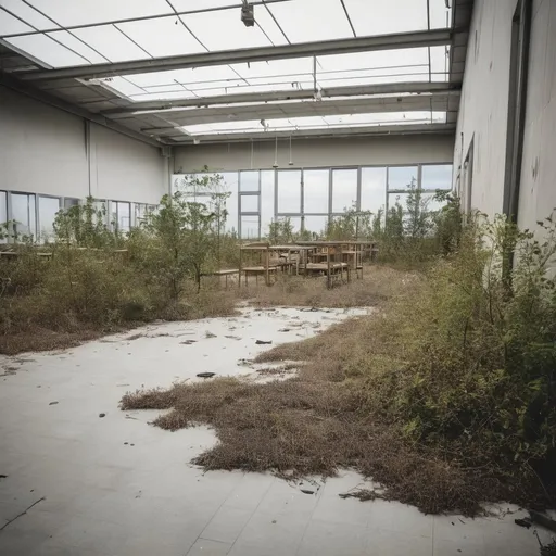 Prompt: a abandoned ikea with no one inside covered with dead vegetation,realistic,nikon