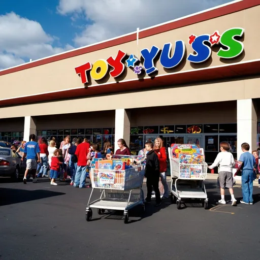 Prompt: a busy toys r us from the 2000's outside