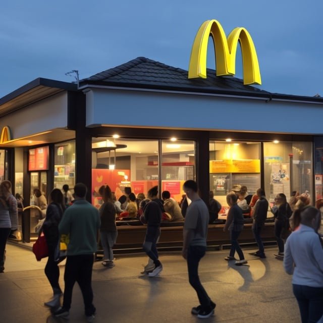 Prompt: a busy mcdonald's and its outside