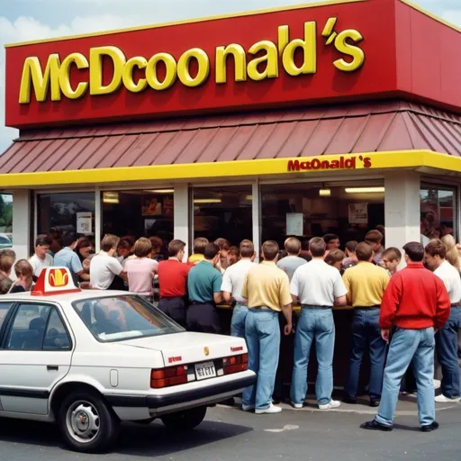 Prompt: a busy mcdonald's from the 90's outside