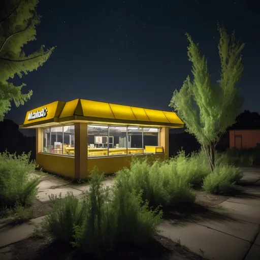Prompt: a abandoned 90's mcdonald's vegetation, realistic, nikon with bee hives at night 
