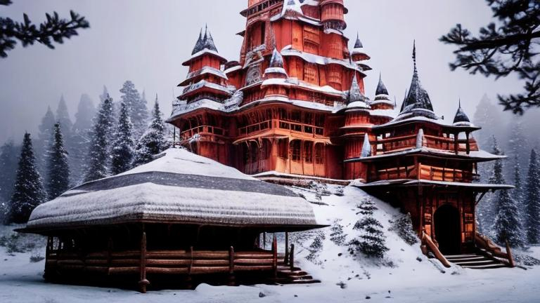 Prompt: Indian Castle in Snow forest