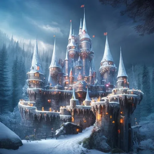 Prompt: Fantasy Castle in Snow forest