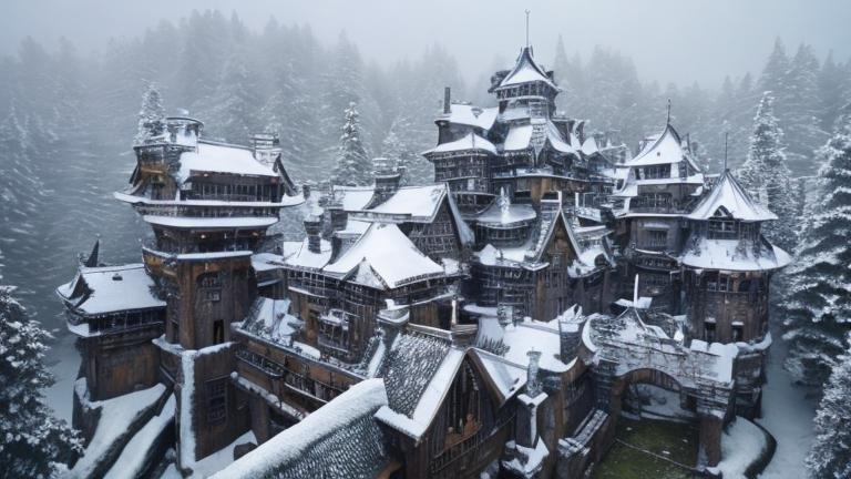 Prompt: Colossal Castle in Snow forest