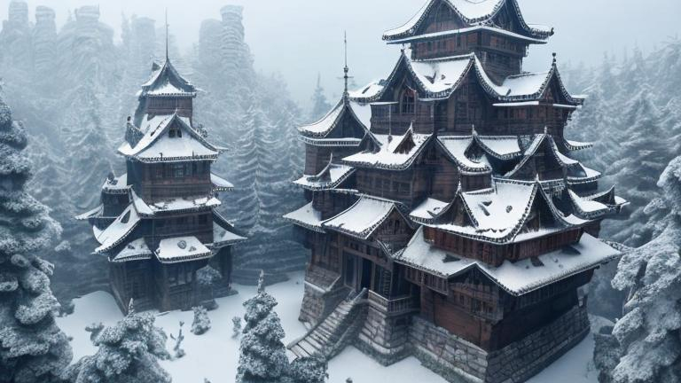 Prompt: Colossal Castle in Snow forest