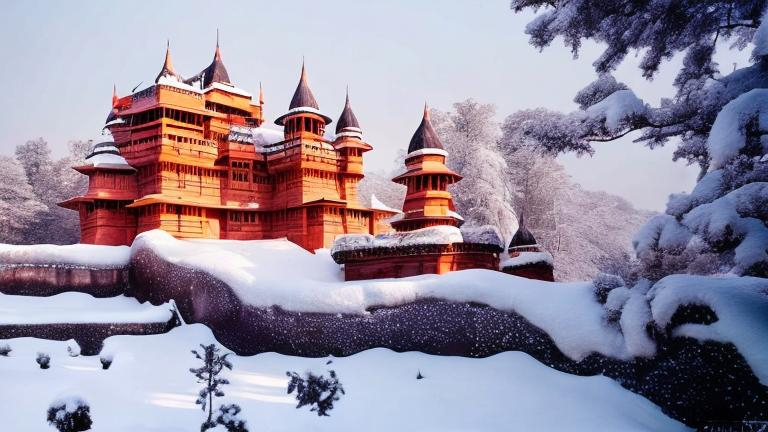 Prompt: Indian Castle in Snow forest