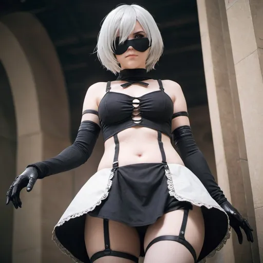 Prompt: nier automata, 2b, cosplayer, no skirt, view from bottom