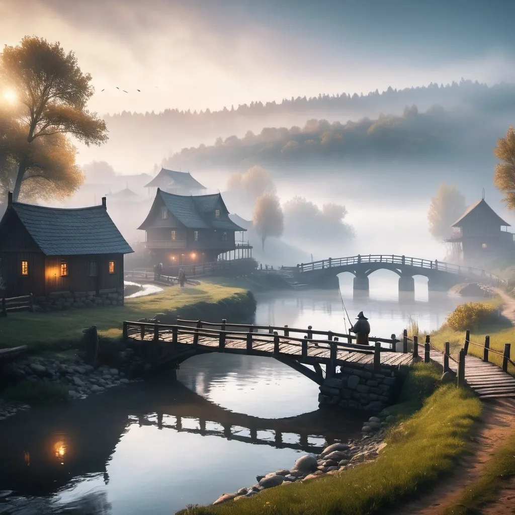 Prompt: small settlement, foggy, bridge and river, dramatic fantasy settlement scene, cinematic lighting side a big river and some fish in the river and a fisher man catching some fish