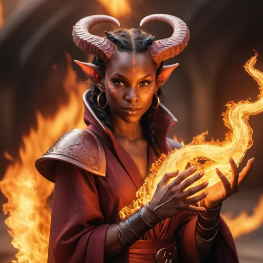 Prompt: hyper-realistic Tiefling character with fire hands, fantasy character art, illustration,dog and dragon warm tone 