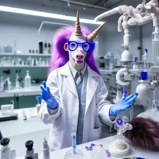 Prompt: Real unicorn in science lab, standing on hind legs, wearing labcoat, safety glasses, looking at camera, detailed fur with glossy sheen, high-tech laboratory setting, scientific fantasy, bright and professional lighting, best quality, detailed fur, mythical creature, laboratory, safety glasses, standing on hind legs, wearing labcoat, unicorn, science, glossy fur, high-tech, professional lighting