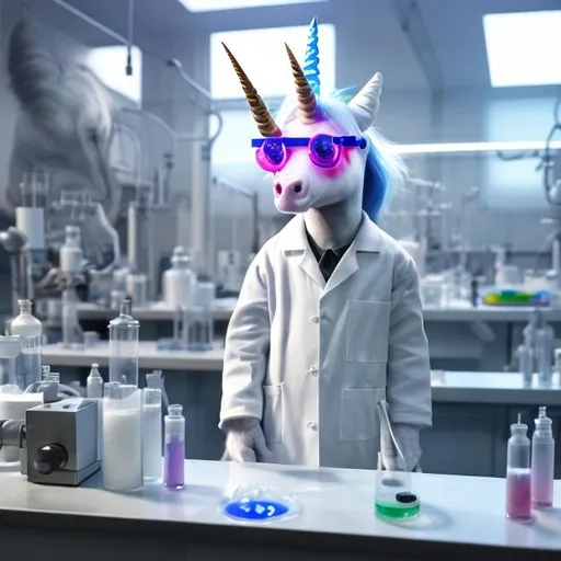 Prompt: Real unicorn in science lab, standing on hind legs, wearing labcoat, safety glasses, looking at camera, detailed fur with glossy sheen, high-tech laboratory setting, scientific fantasy, bright and professional lighting, best quality, detailed fur, mythical creature, laboratory, safety glasses, standing on hind legs, wearing labcoat, unicorn, science, glossy fur, high-tech, professional lighting