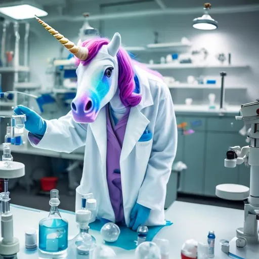 Prompt: A real unicorn, in a science laboratory, is standing on hing legs, wearing a labcoat and safety glasses, looking at the camera