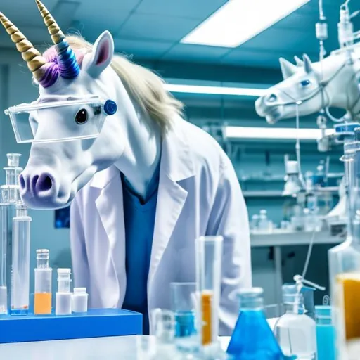 Prompt: A real unicorn, in a science laboratory, is standing on hing legs, wearing a labcoat and safety glasses, looking at the camera