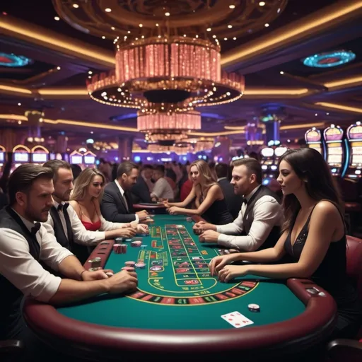 Prompt: (casino scene with vibrant atmosphere), (crowded with people), numerous slot machines, poker and blackjack tables, dynamic emotions of joy and disappointment on players' faces, colorful lights illuminating the space, high detail, wild energy, (4K ultra-detailed), lively background with sound effects of excitement and celebrations, evokes a thrilling, exhilarating ambiance.