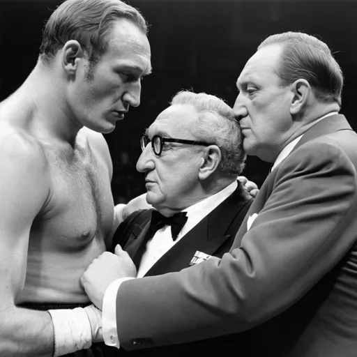 Prompt: Henry Kissinger kissing boxer Henry Cooper and embracing King Henery VIII