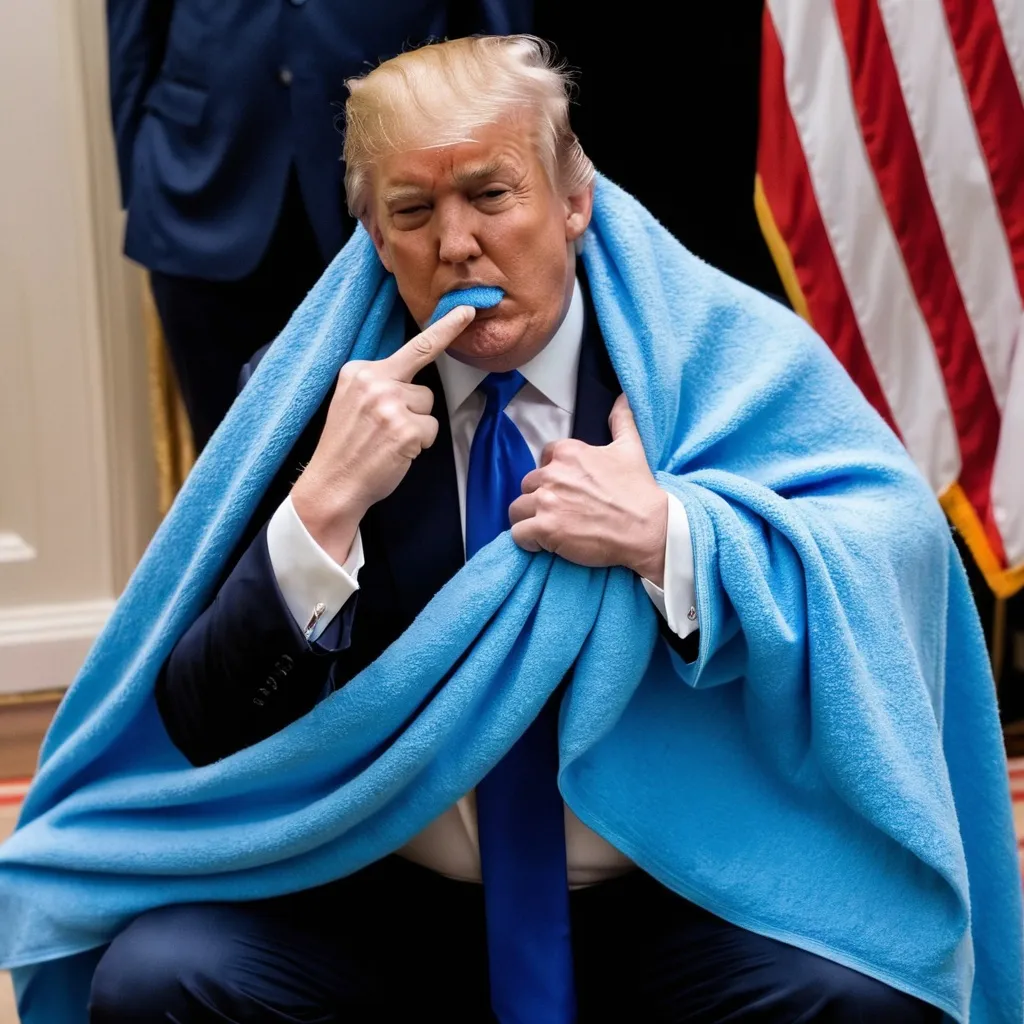 Prompt: Donald Trump sitting on the floor, his thumb in his mouth and holding a blue security blanket to the side of his head.