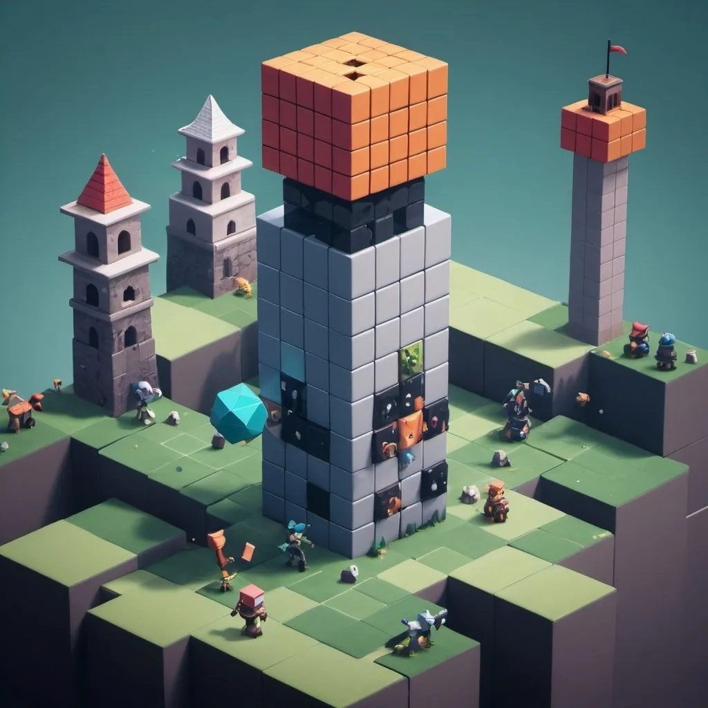 Prompt: a cubic world with a player with enemies with a tower