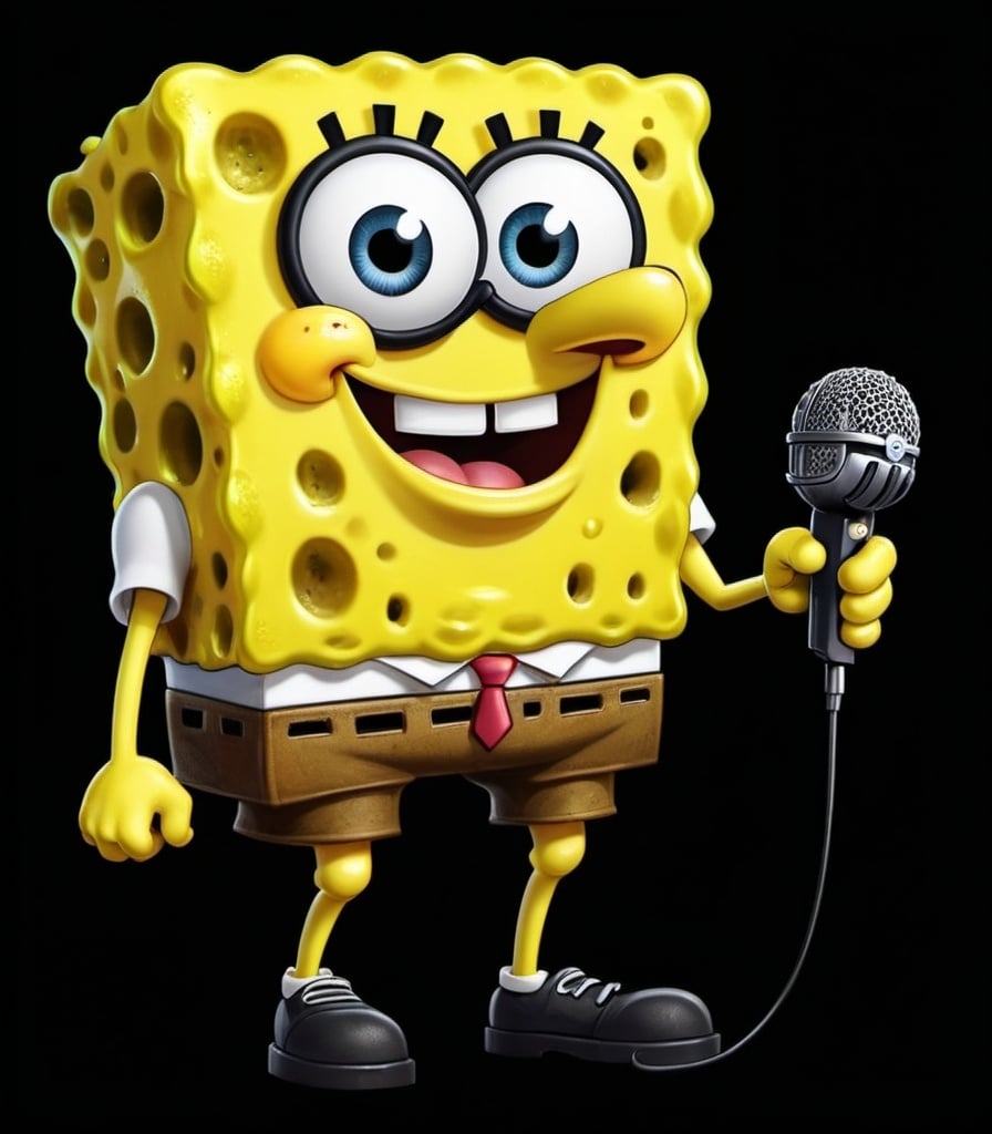 Prompt: a cartoon character with a microphone in his hand and a black background with a black background and a yellow spongebob, Bob Singer, sots art, stylized, concept art