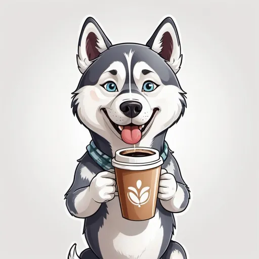 Prompt: a cartoon husky holding a coffee on a white background
