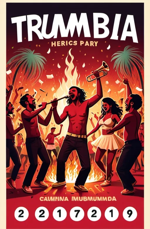 Prompt: a poster with a calendar, in the middle of a tropical cumbia party in hell, with people dancing, with fire, red flags, confetti, trumpets, drums and a keyboard