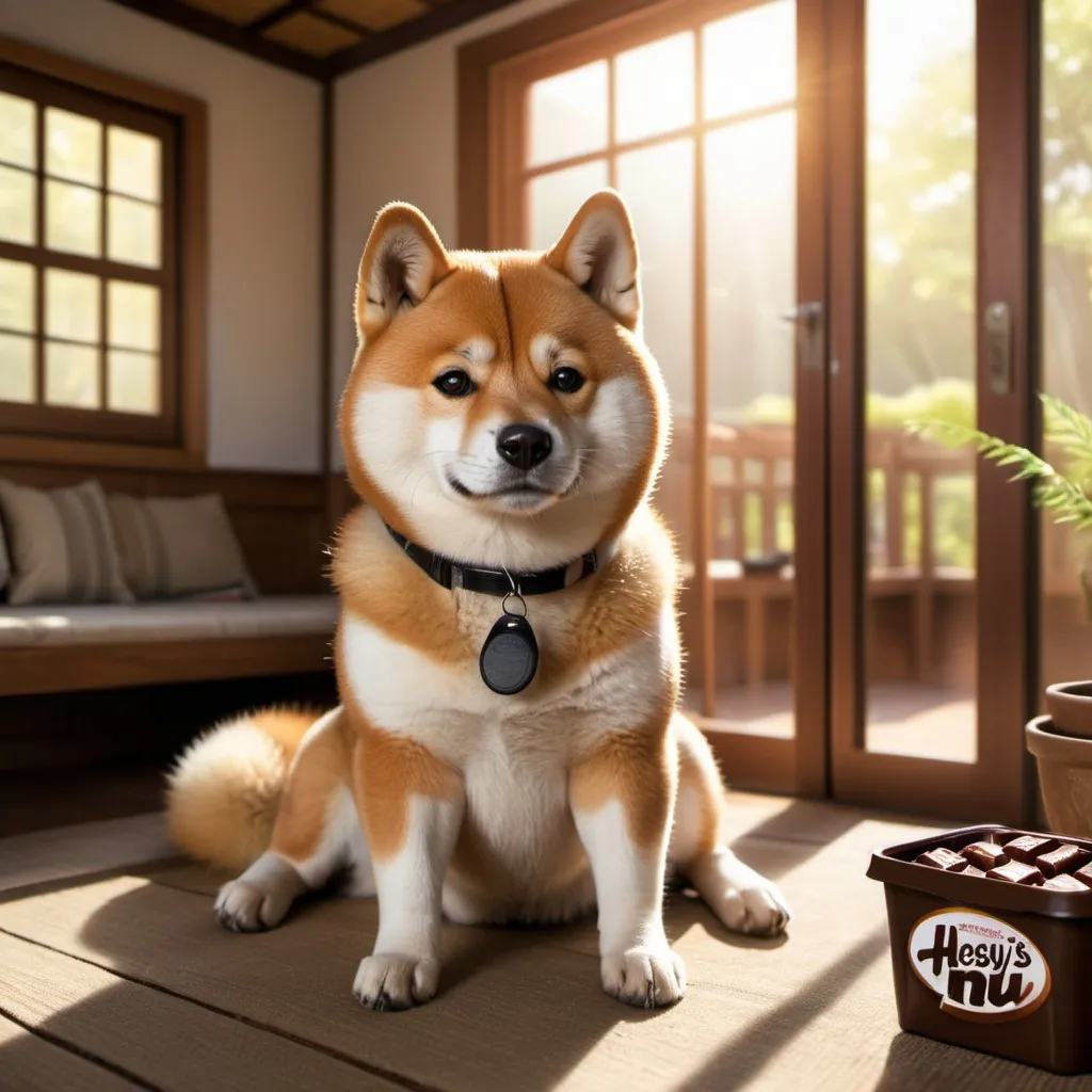 Prompt: A realistic image of A Shiba Inu sitting in a japandi house whilst talking on the phone he eats a hersheys chocolate bar. The time is morning and light beams in from the windows