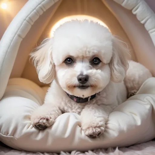 Prompt: White poodle mix Bichon frisé angel sleeping in a cozy dog bed, fluffy cloud background, detailed fur with soft reflections, serene face with subtle smile, high quality, angelic, dreamy, cozy, detailed eyes, soft pastel tones, atmospheric lighting