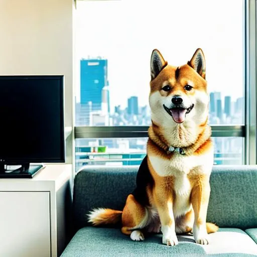 Prompt: A Shiba Inu relaxing on a white couch, in an apartment with huge windows, you can see Tokyo and a sign which reads コンビニ. The dog is on the phone with a happy expression and the style of the house is minimalistic
