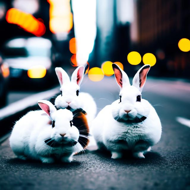 Prompt: Rush hour in new york city night times white and black holland lop bunnies in the street Timelapse effect but clearly seen bunnies