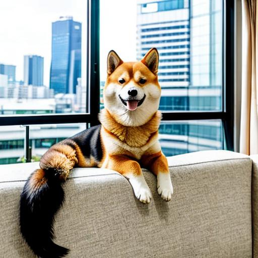 Prompt: A Shiba Inu relaxing on a white couch, in an apartment with huge windows, you can see Tokyo and a sign which reads コンビニ. The dog is on the phone with a happy expression and the style of the house is minimalistic